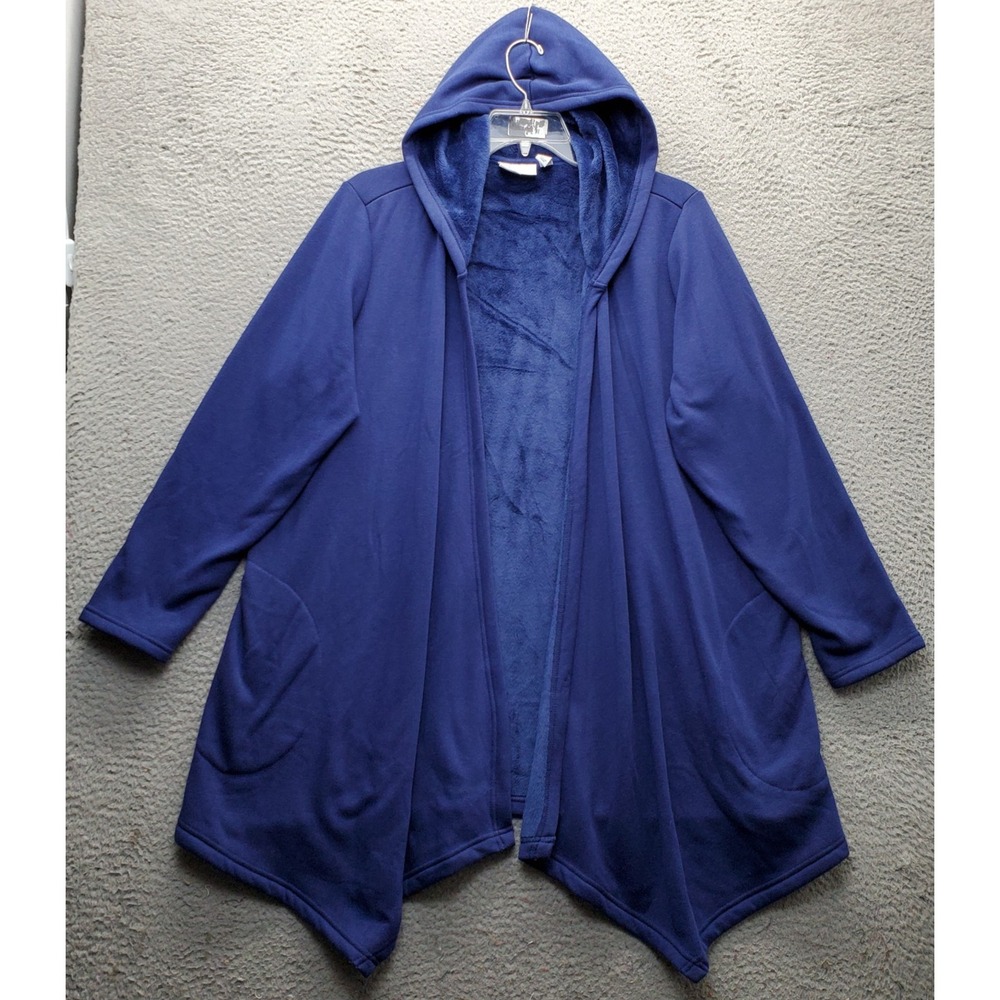 D&Co Active Open-Front Cardigan Womens XL Navy Fleece Lined Asymmetrical Hem EUC